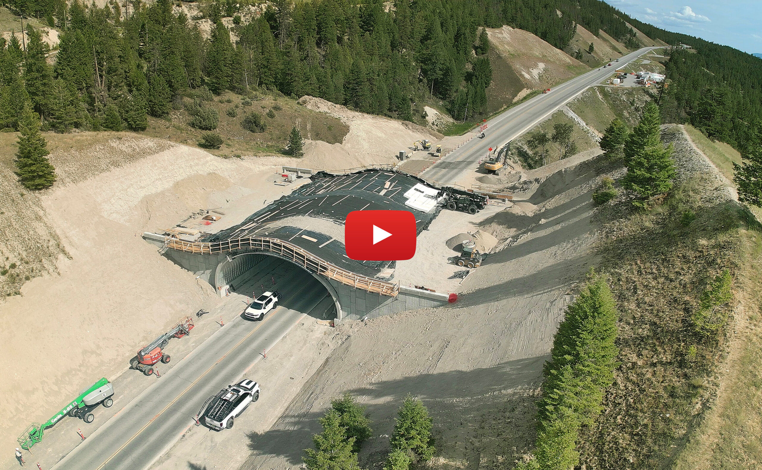 Aerial view of highway wildlife overpass
